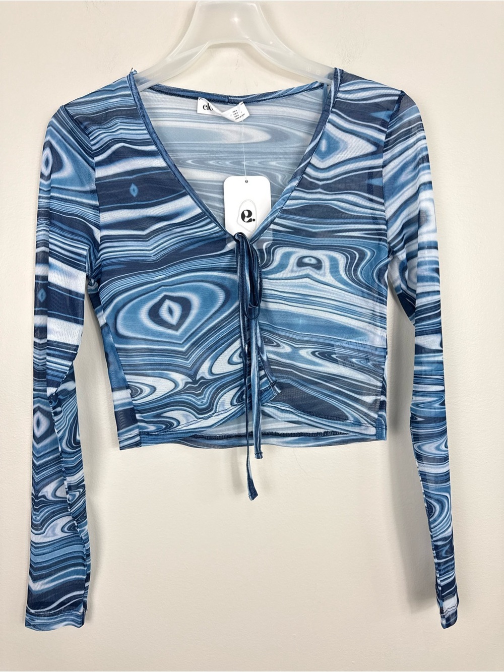 Elodie Blue Marble Tie Front Long Sleeve Crop Top Womens Medium Sheer Shirt NWT